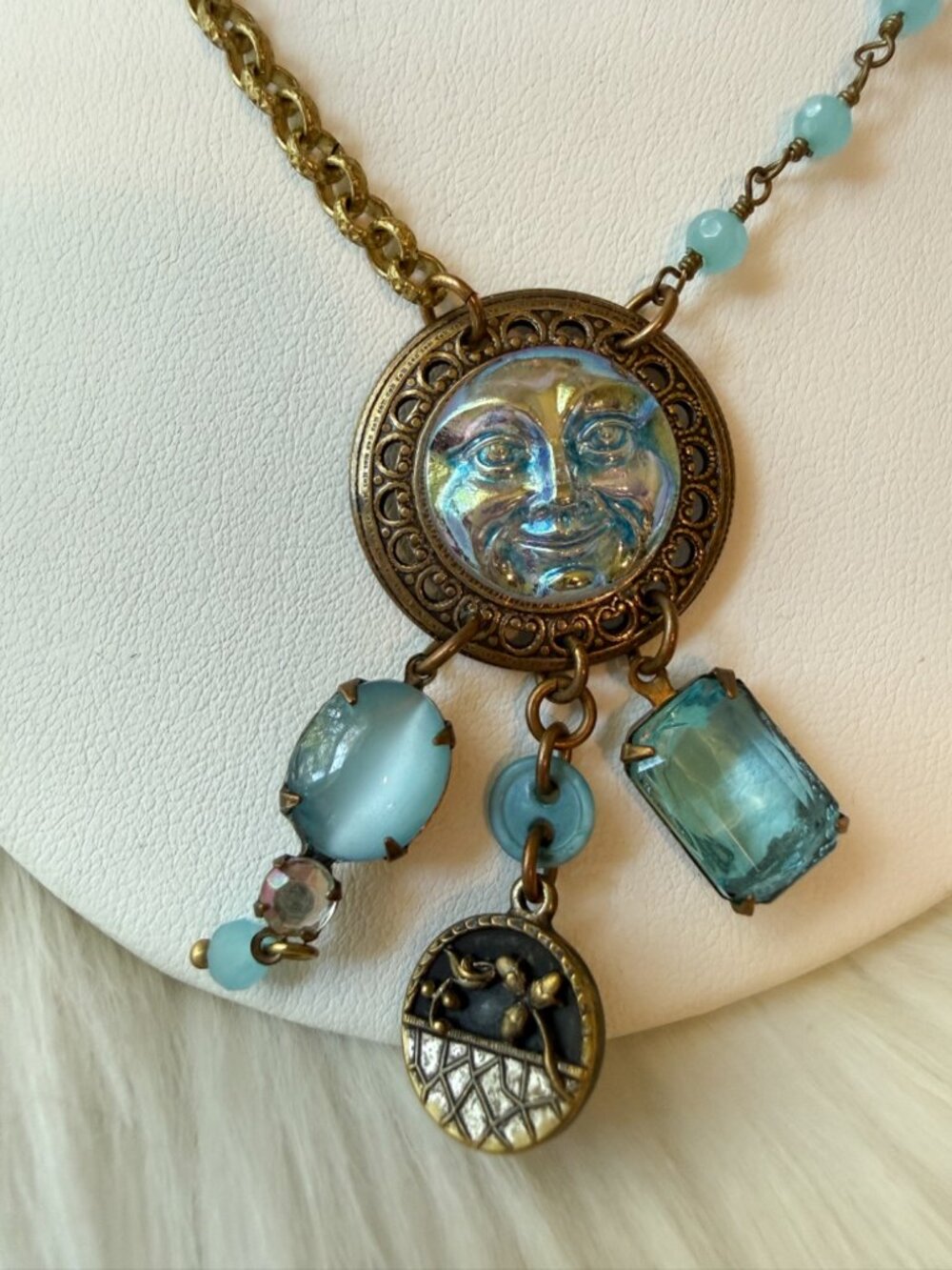 Grandmother’s Buttons Art Glass Necklace Moon Face Vintage Blue Bead Brass Chain